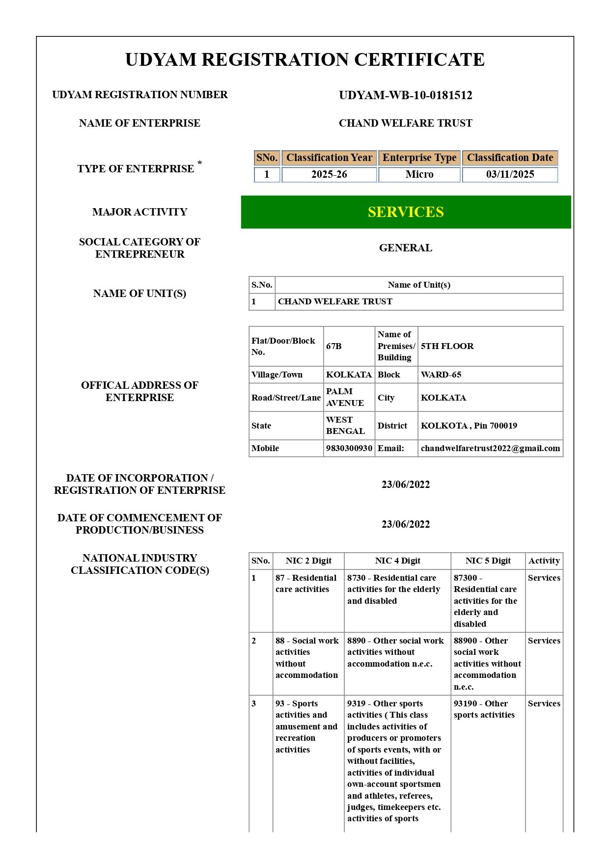MSME Udyam Registration Certificate Page 1